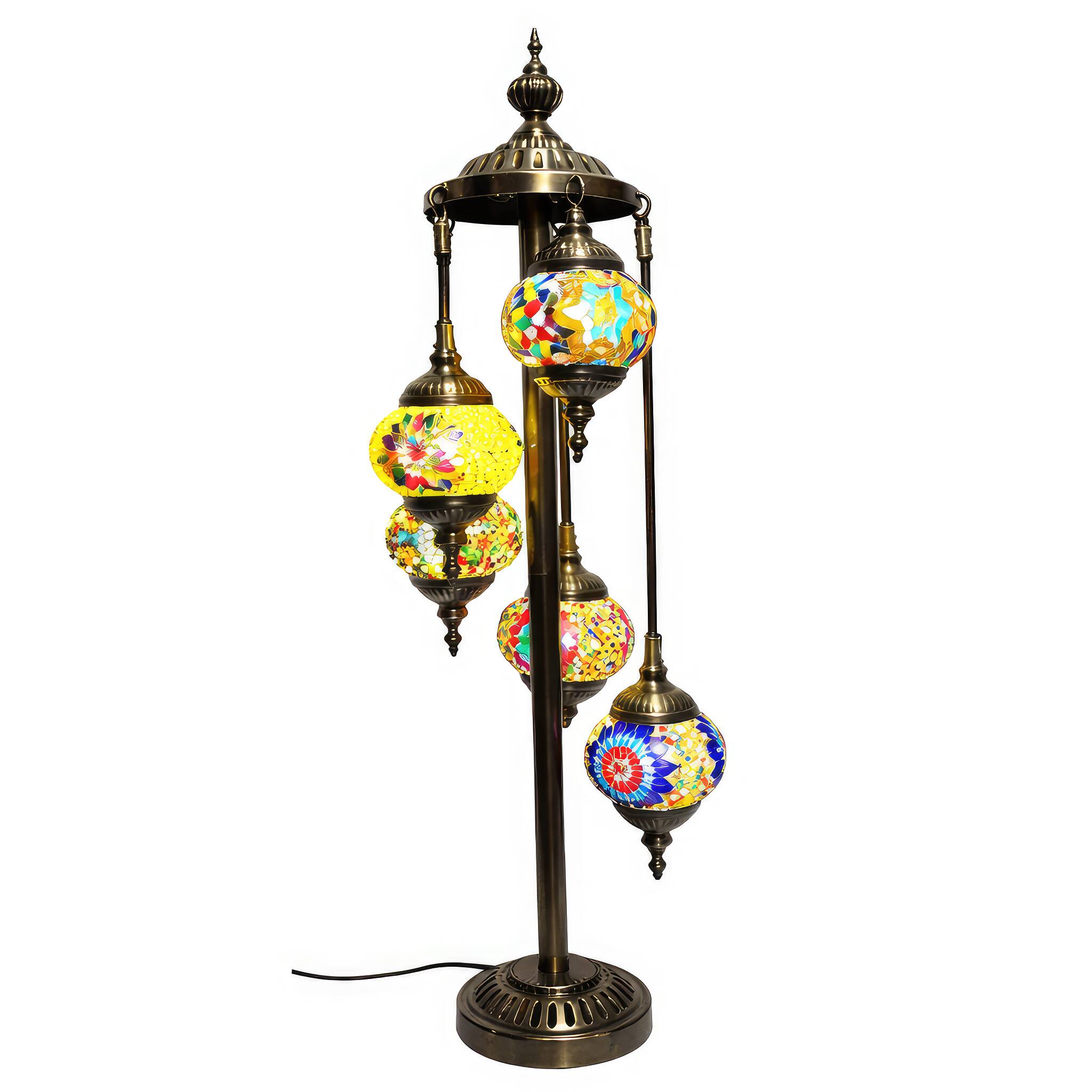 Angle. FC Design - 38"H Antique Bronze Spiral 5-Globe Turkish Lamp w/ Mixed Mosaic Styles.