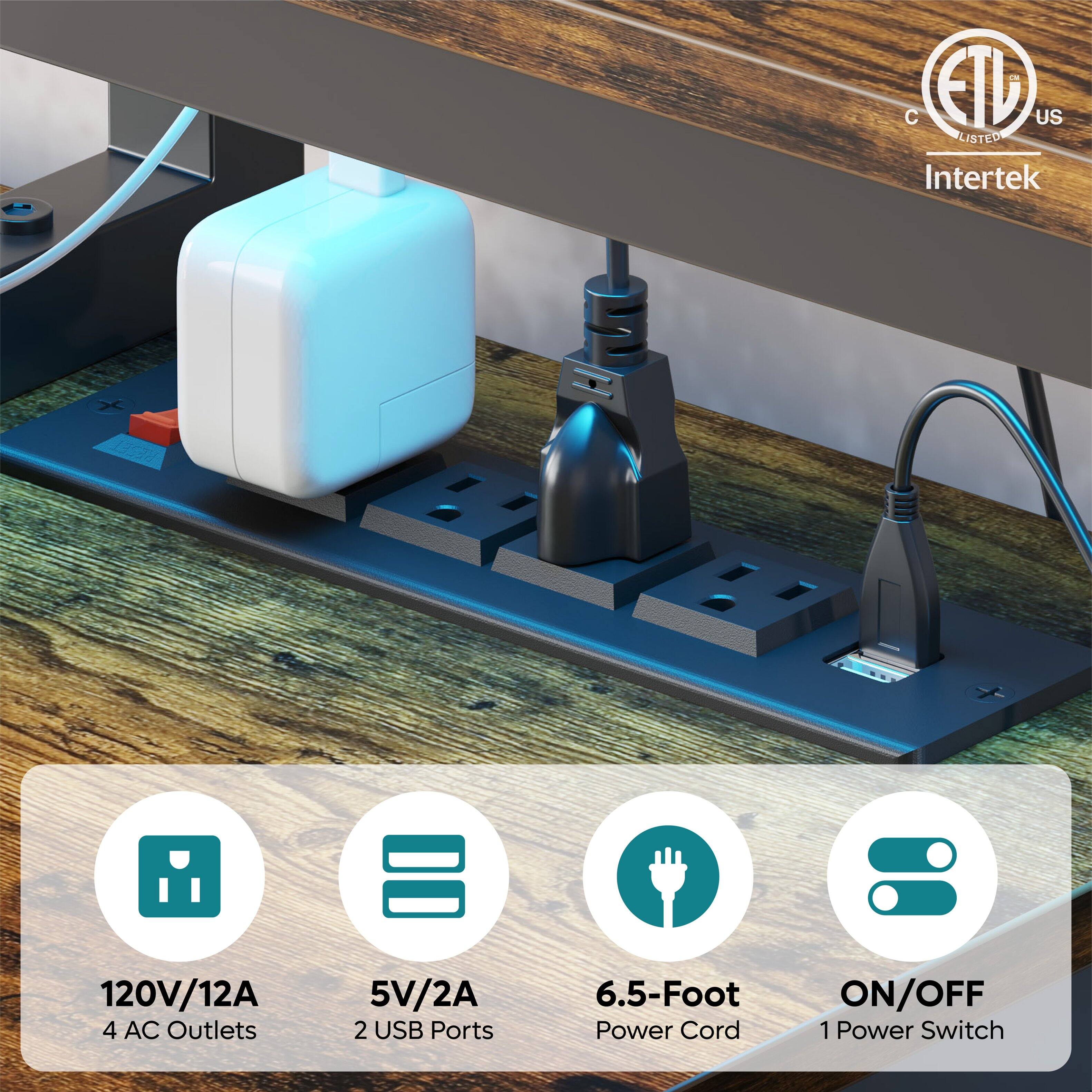 The text on the image is grouped and corrected as follows:
"Intertek listed 120V/12A 4 AC outlets 5V/2A 2 USB ports 6.5-foot power cord ON/OFF 1 power switch."
