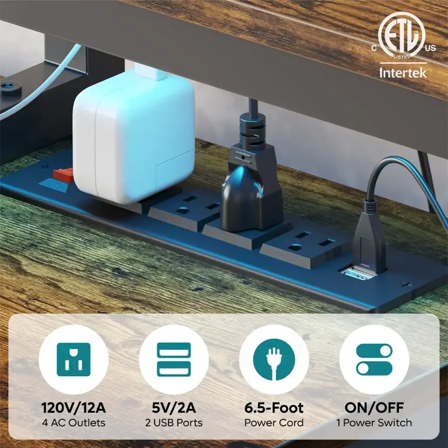 The text on the image is grouped and corrected as follows:

"Intertek listed 120V/12A 4 AC outlets 5V/2A 2 USB ports 6.5-foot power cord ON/OFF 1 power switch."