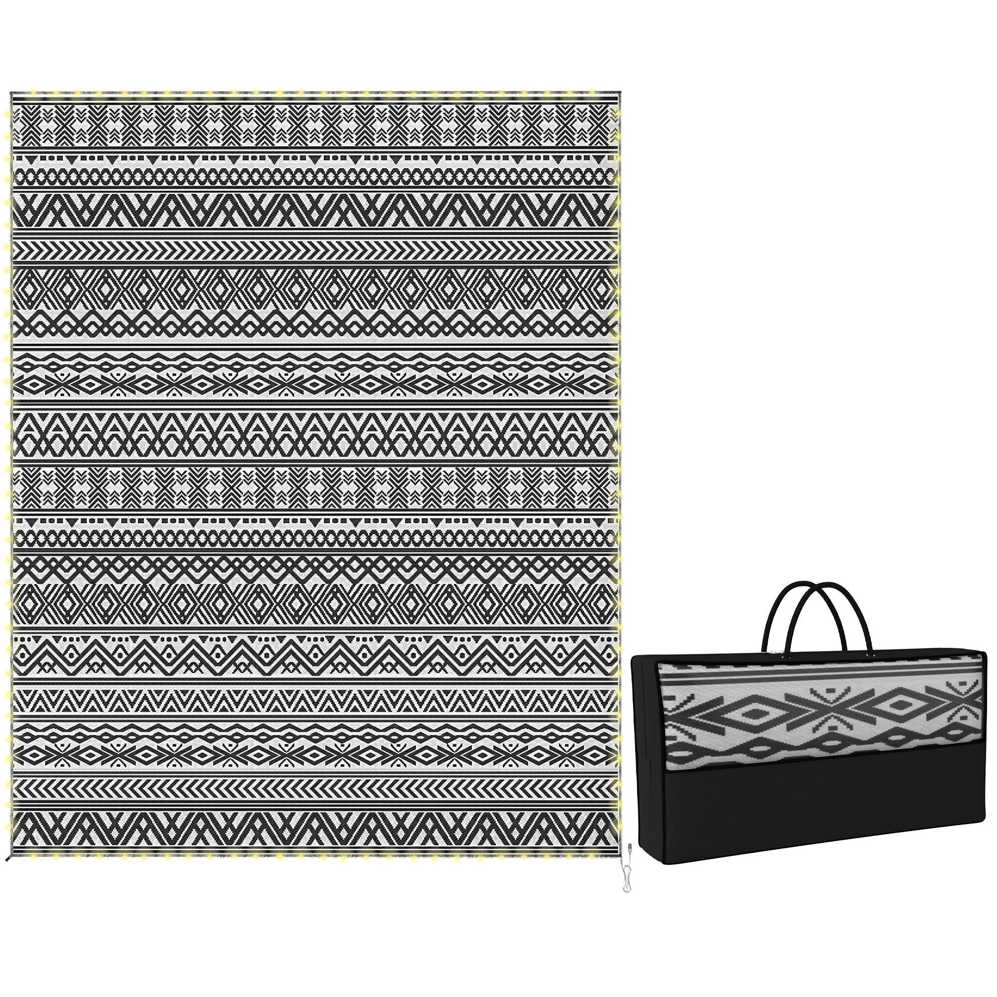 Front. Outsunny - Rug Carpet with USB Lights Reversible Patio Rug with Carry Bag for Camping 10' x - Black, White.