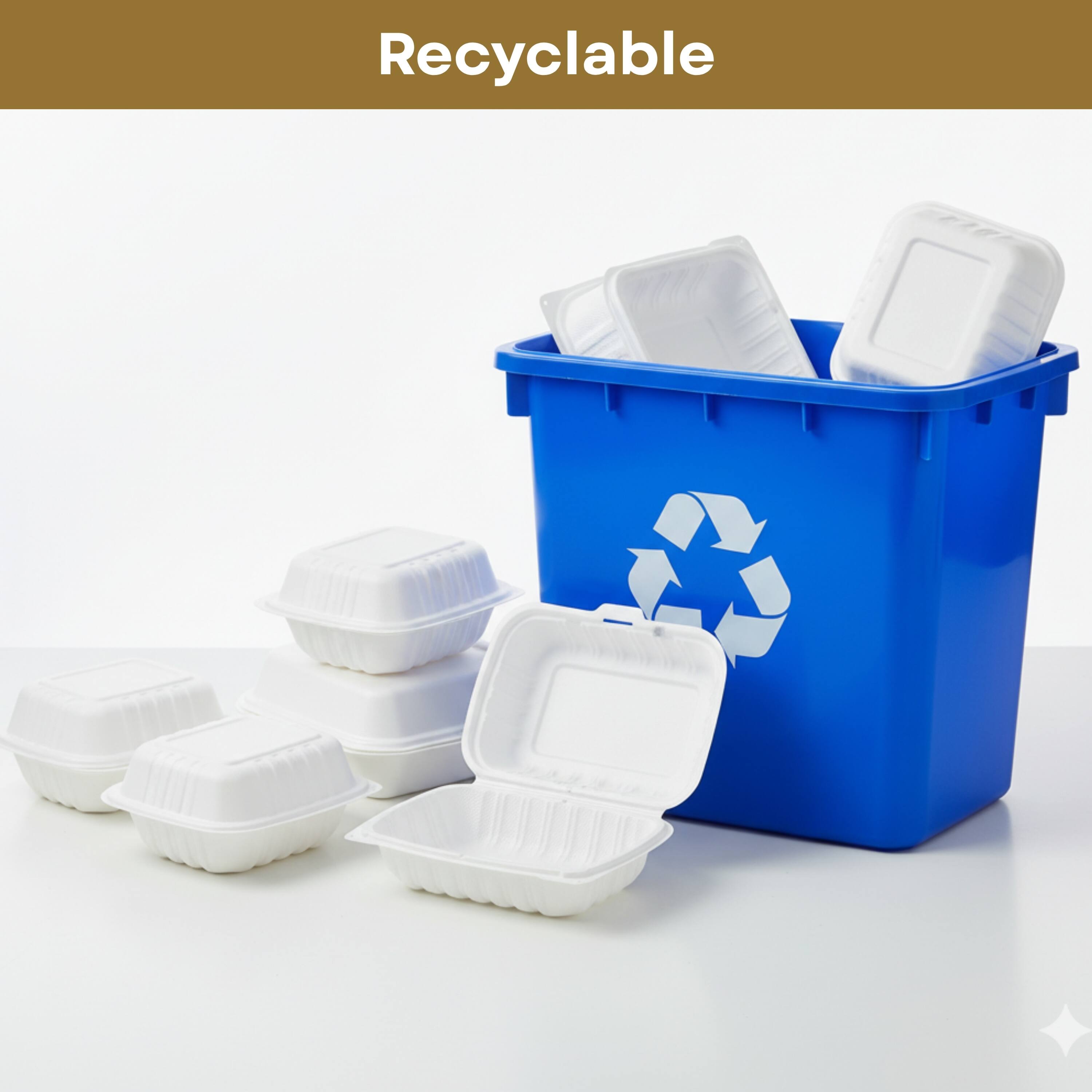 Alt View 7. Eco Harmony Products - Clamshell (MFPP) Hinged Container (Corner Lock), 3-compartment, 8.3" x 8.3", 150-Pack - White.