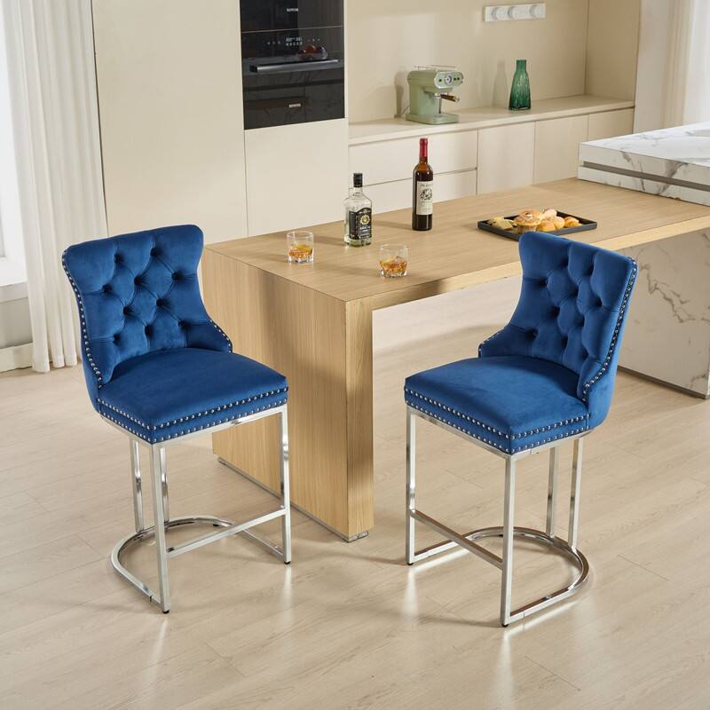Alt View 1. HTUTWOO - 25" Counter Height Bar Stools Set of 2, Velvet Upholstered with Button Back & Rivet Trim, for Kitchen Island & Home Bar - Blue.