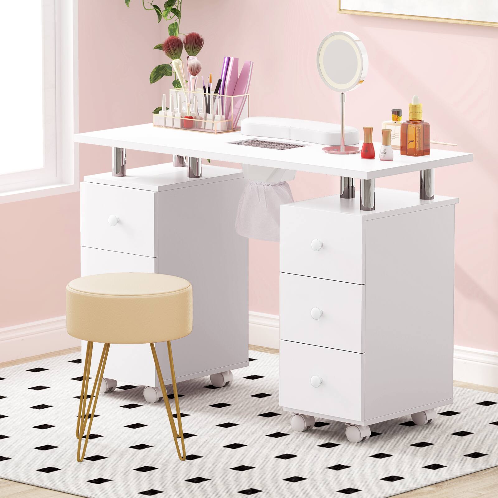 Alt View 3. Costway - Costway Rolling Manicure Table Nail Desk with with 8 Lockable Wheels & Electric Dust Collector 3 Dust Bags Wrist Rest - White.