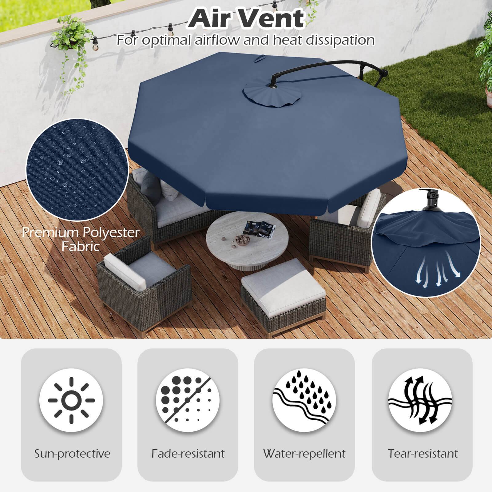 Air Vent: For optimal airflow and heat dissipation. Premium Polyester Fabric: Sun-protective, Fade-resistant, Water-repellent, Tear-resistant.