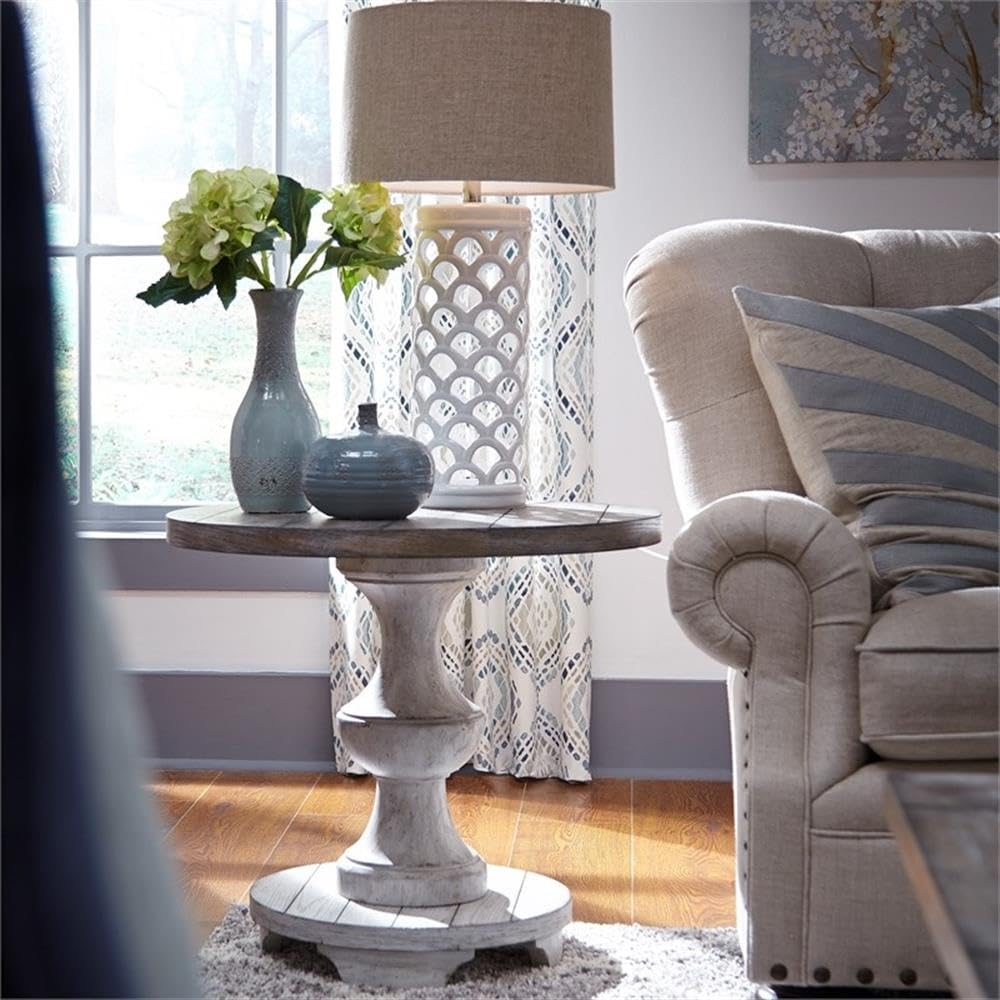 Angle. Liberty Furniture Industries - Sedona Round End Table in Heavy Distressed White w/ Gravel Top - White.