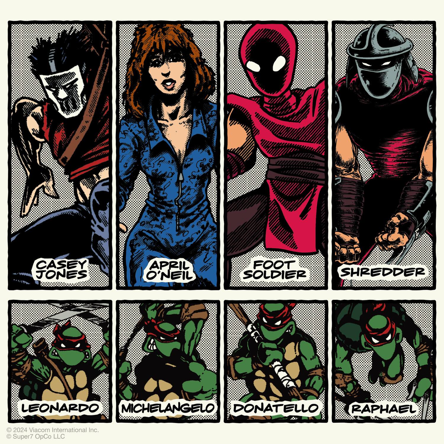 The corrected and grouped text from the image is:

- Casey Jones
- April O'Neil
- Foot Soldier
- Shredder
- Leonardo
- Michelangelo
- Donatello
- Raphael

2024 Viacom International Inc. Super7 OpCo LLC