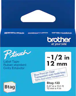 Brother - P-touch Btag Blue on Clear Label Tape (BTAG133), 1/2" x 13.1' (12mm x 4m), Only for use with PT-N10, PT-N20, PT-N25BT