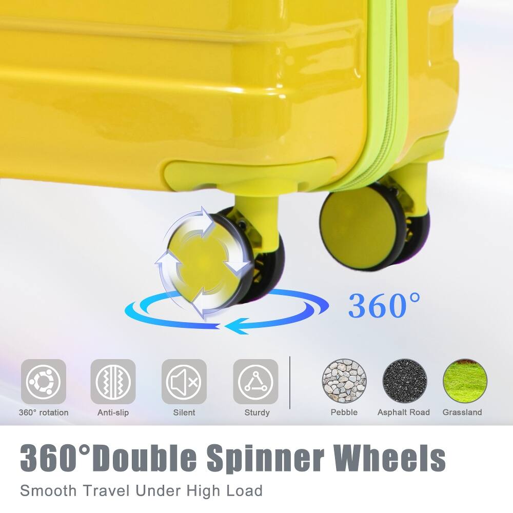 360° Double Spinner Wheels  
Smooth Travel Under High Load  

360° rotation  
Anti-slip  
Silent  
Sturdy  
Pebble  
Asphalt Road  
Grassland