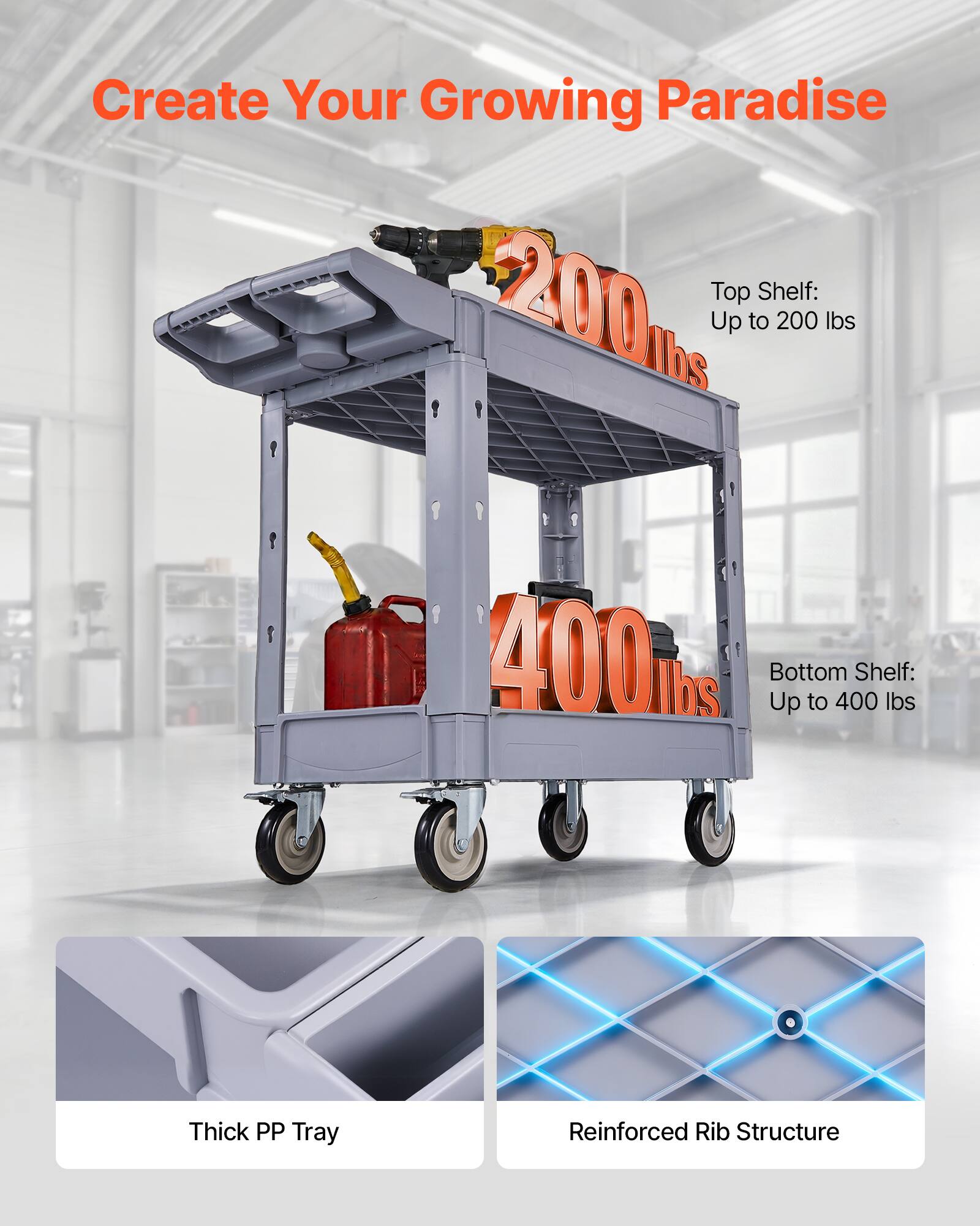 Create Your Growing Paradise

Top Shelf: Up to 200 lbs

Bottom Shelf: Up to 400 lbs

Thick PP Tray

Reinforced Rib Structure