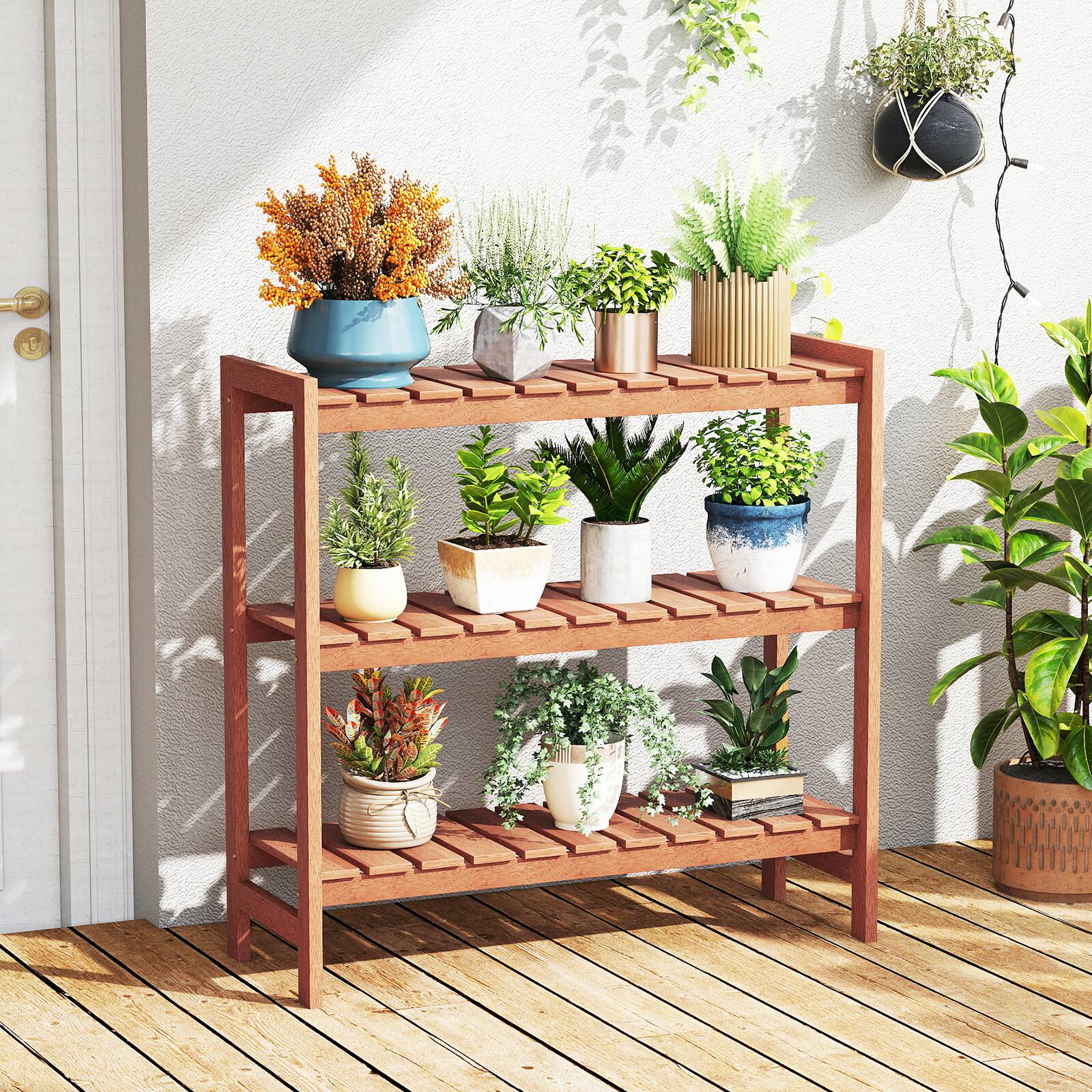 Alt View 1. Gymax - Gymax 3-Tier Solid Wood Plant Stand w/Slatted Shelves Take Oil Finish Indoor Outdoor - Natural.
