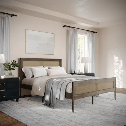 Front. Martha Stewart - Jax Wooden Queen Platform Bed with Rattan Inset Headboard and Footboard - Brown Gray.