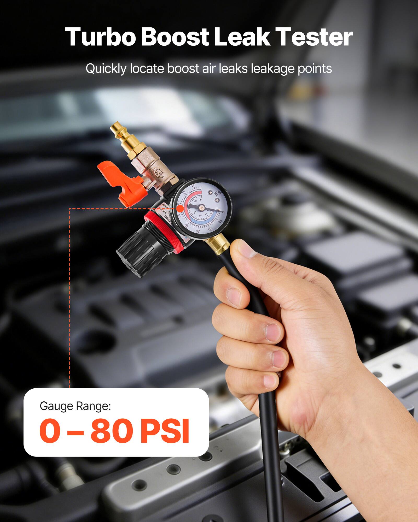 Turbo Boost Leak Tester  
Quickly locate boost air leaks leakage points  

Gauge Range:  
0 – 80 PSI