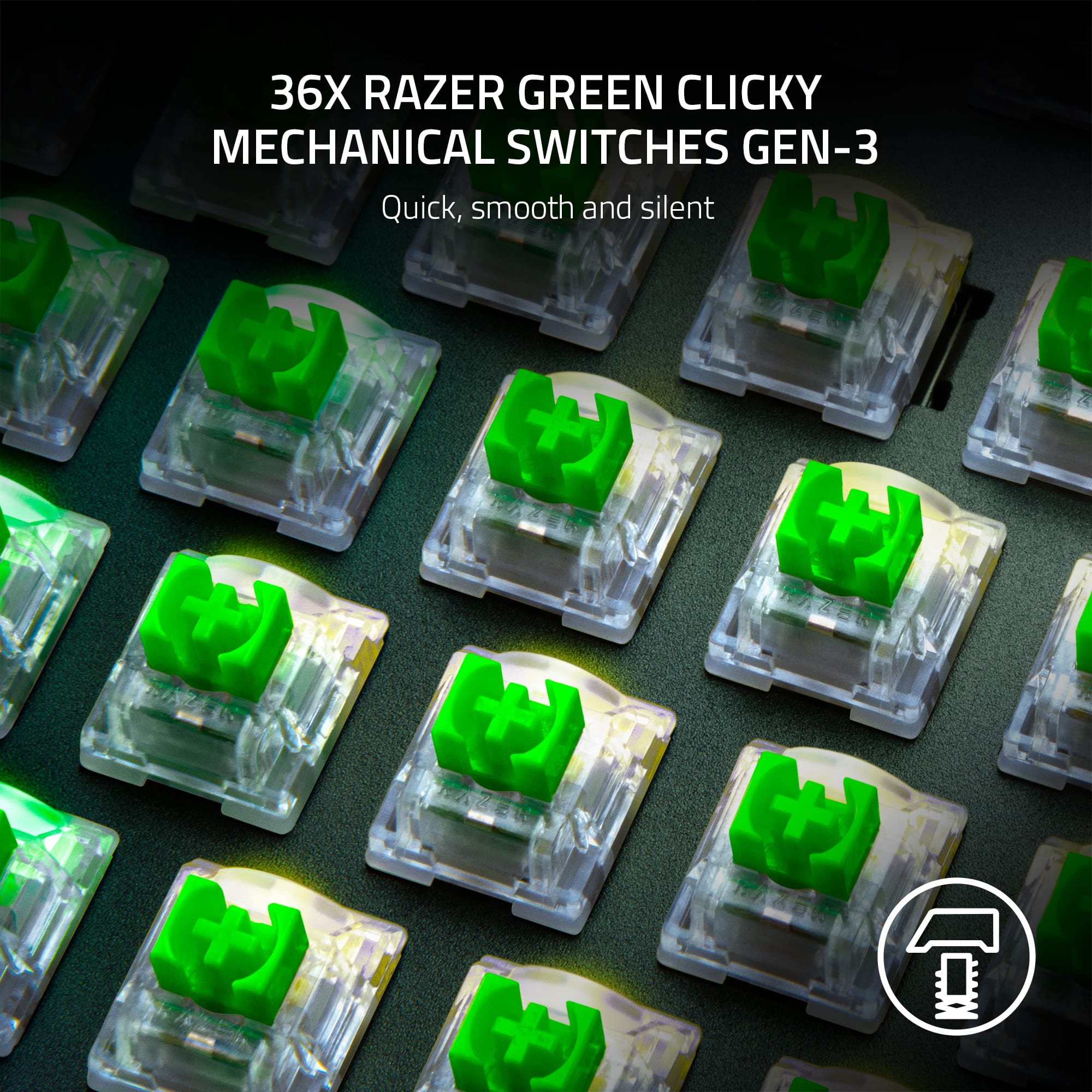 36X RAZER GREEN CLICKY MECHANICAL SWITCHES GEN-3: Quick, smooth, and silent.