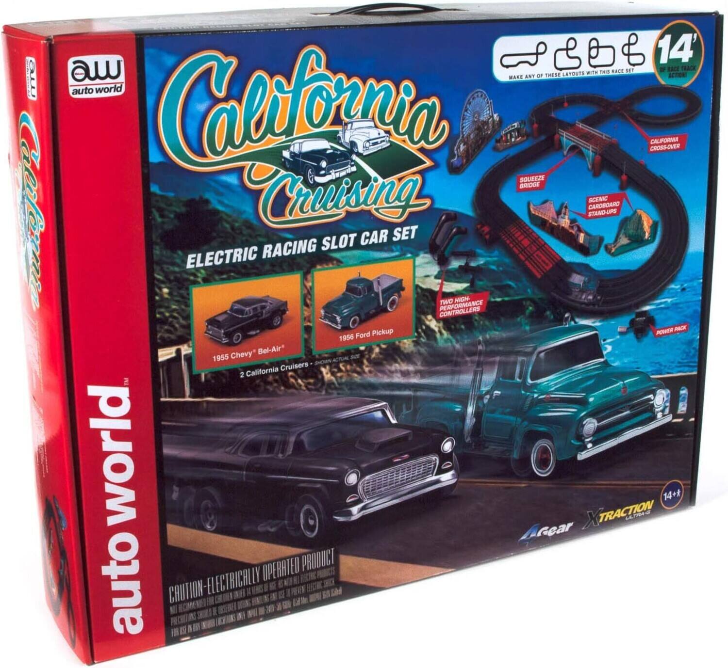 California Cruising  
Electric Racing Slot Car Set  

Auto World  

14' Race Track Layouts with Twist Race Track and Three Action  
California Crossover  
Squeeze Bridge  
Scenic Standup  
Two Night Performance Controllers  
Power Pack  

1955 Chevy Bel-Air  
1956 Ford Pickup  
2 California Cruisers  

Caution - Electrically Operated Product  

A Gear Xtraction  

14+
