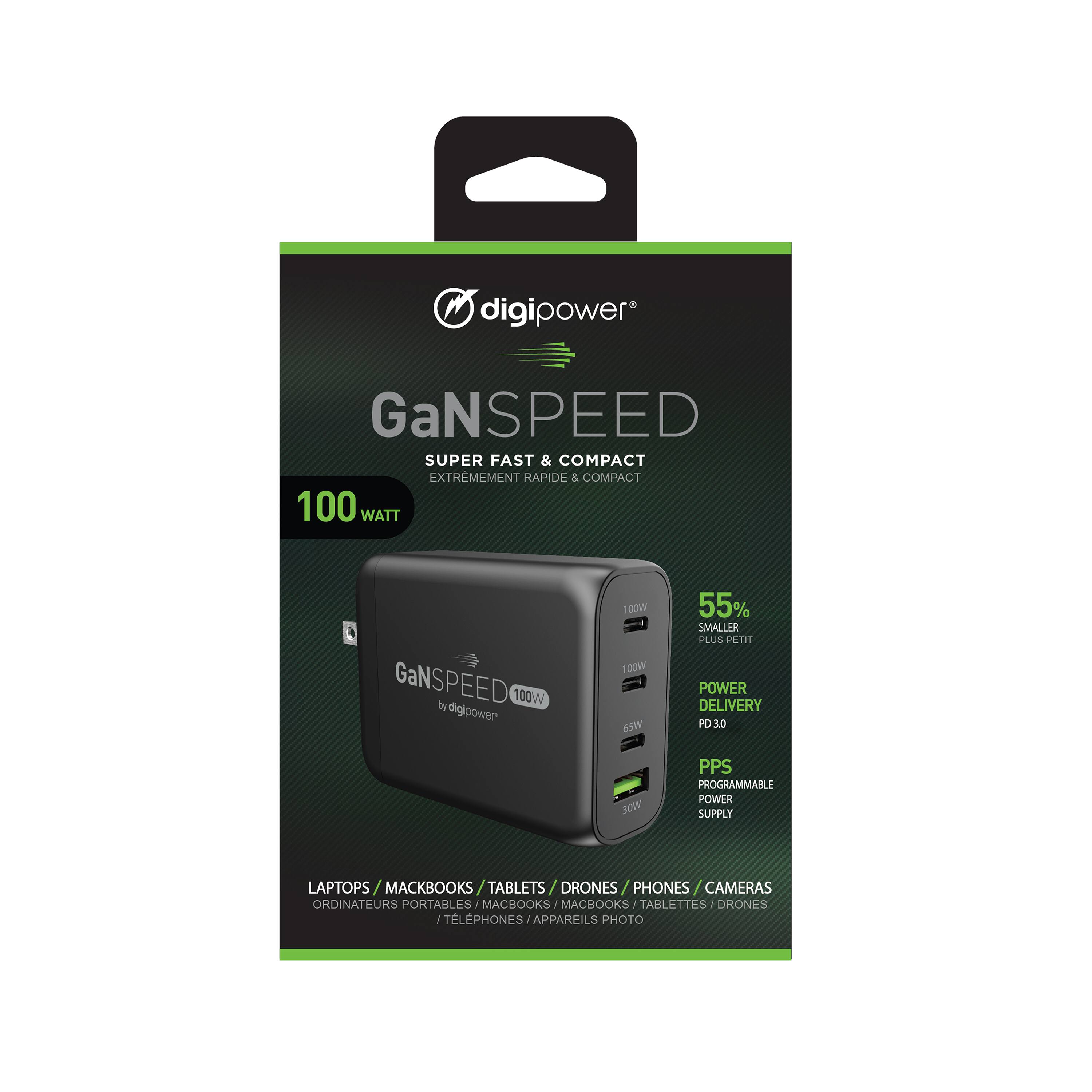 digipower GaNSPEED SUPER FAST & COMPACT EXTREMEMENT RAPIDE & COMPACT 100 WATT GaNSPEED by digipower 100W 65W 55% SMALLER PLUS PETIT POWER DELIVERY PD 3.0 PPS PROGRAMMABLE POWER SUPPLY LAPTOPS MACKBOOKS / TABLETS DRONES / PHONES / CAMERAS ORDINATEURS PORTABLES MACBOOKS TABLETTES DRONES TELEPHONES APPAREILS PHOTO