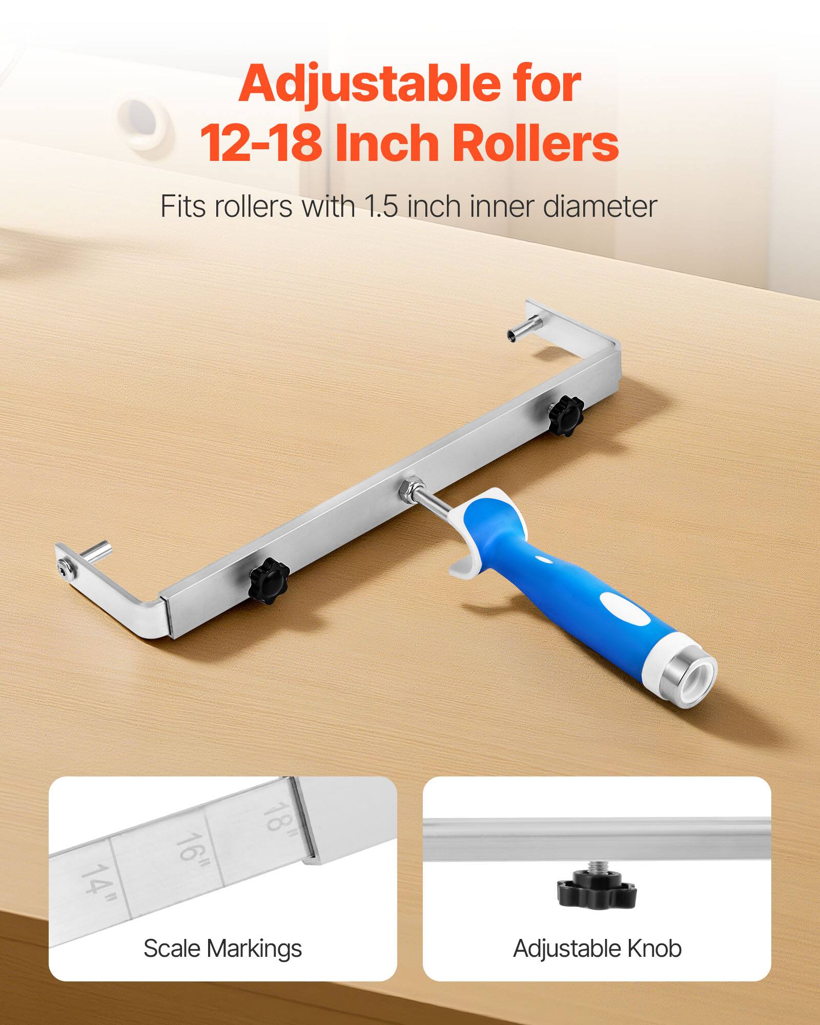 Adjustable for 12-18 Inch Rollers  
Fits rollers with 1.5 inch inner diameter  

Scale Markings  
Adjustable Knob