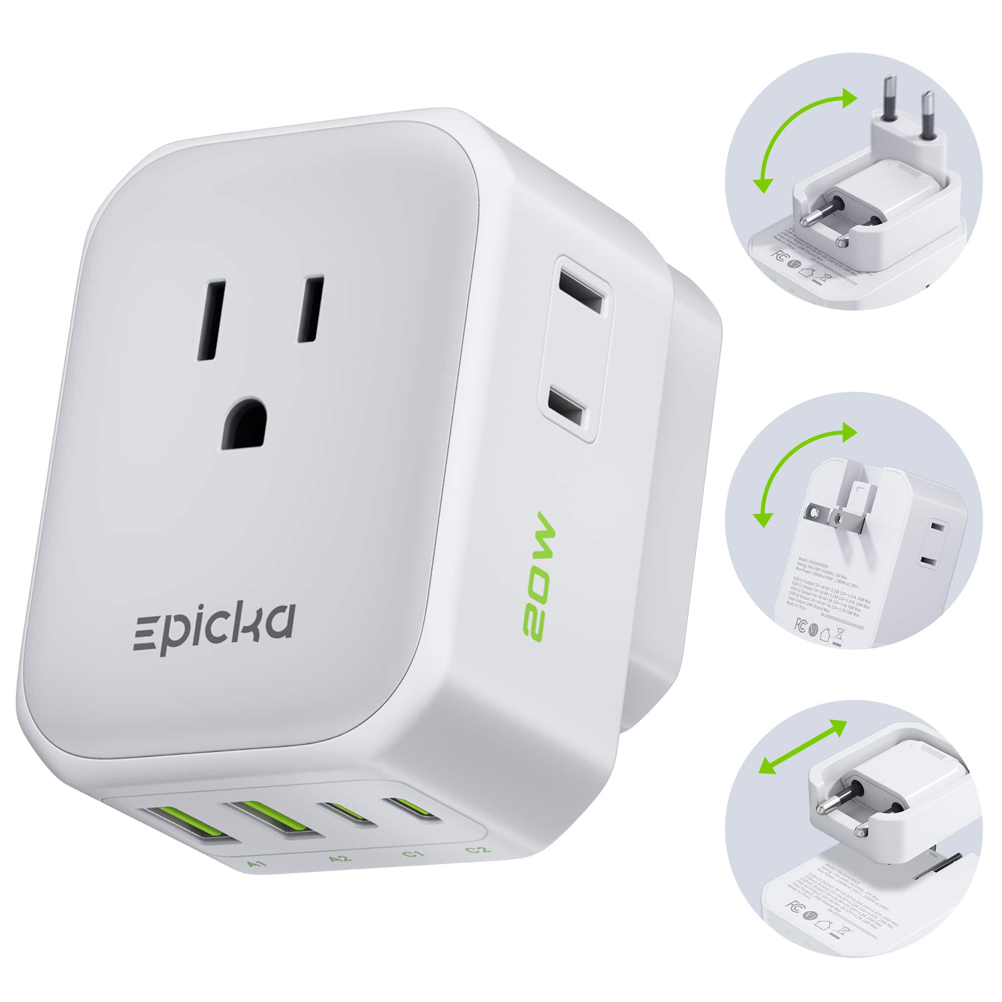 Epicka - Hybrid International Power Adapter for US to Europe, 8-IN-1 Travel Plug Adapter, Travel Dorm Essentials - White