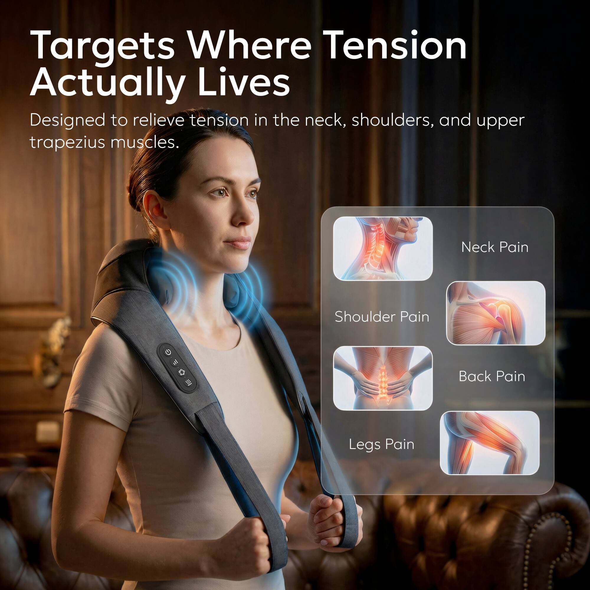 Targets Where Tension Actually Lives  
Designed to relieve tension in the neck, shoulders, and upper trapezius muscles.  

Neck Pain  
Shoulder Pain  
Back Pain  
Legs Pain