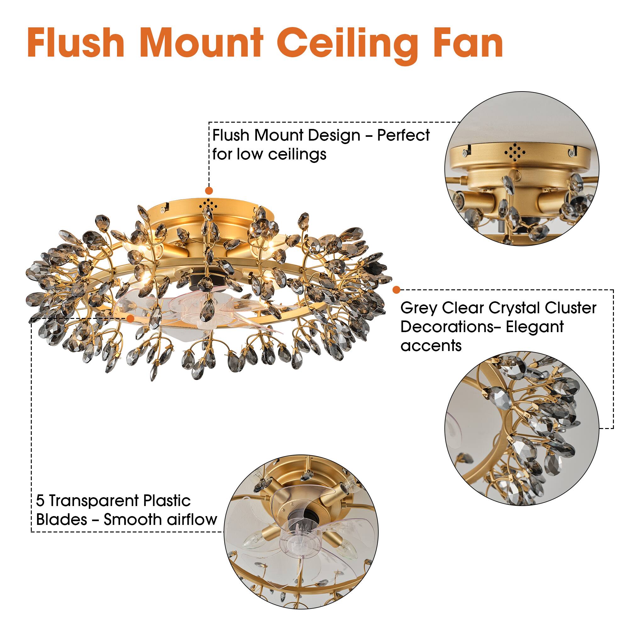 Flush Mount Ceiling Fan

- Flush Mount Design - Perfect for low ceilings
- Grey Clear Crystal Cluster Decorations - Elegant accents
- 5 Transparent Plastic Blades - Smooth airflow
