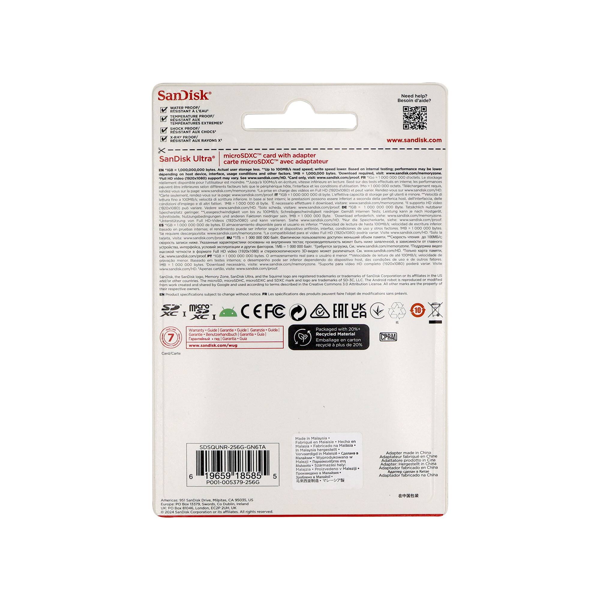 SanDisk  
Need help?  
Besoin d'aide?  
OCAN CN  
TCIMNES n TRTY  
12 AATOR  
www.sandisk.com  
microSDXC card with adapter  
SanDisk Ultra* microSDXC carte avec adaptateur  

- - E nh_o aing  
- C - maures - - Comars C - -  
- - prgmemae Coae nsiuto -ene  
- -.. - e mp - - - Snvc eidon  
Sautrpia SOE - C -e ntar M - - -  
- - - Conicionen I -  
npnr  
- - Mr CSES - - a - - -/ - PST TI - Ugema ni  
- DgmeY 1  
- Tarn - C a a Gocedo - IegeT  
- - - Ts Sate  
nna SarsnA - -- - -  
- - - -C mUROM nasmats  
- - - - - - hargn aifratom - C CEFC  
10 ets Saranda Pachage L  
Ceniae Recycled material  
Emmanape - www.sanask.com/evs  
