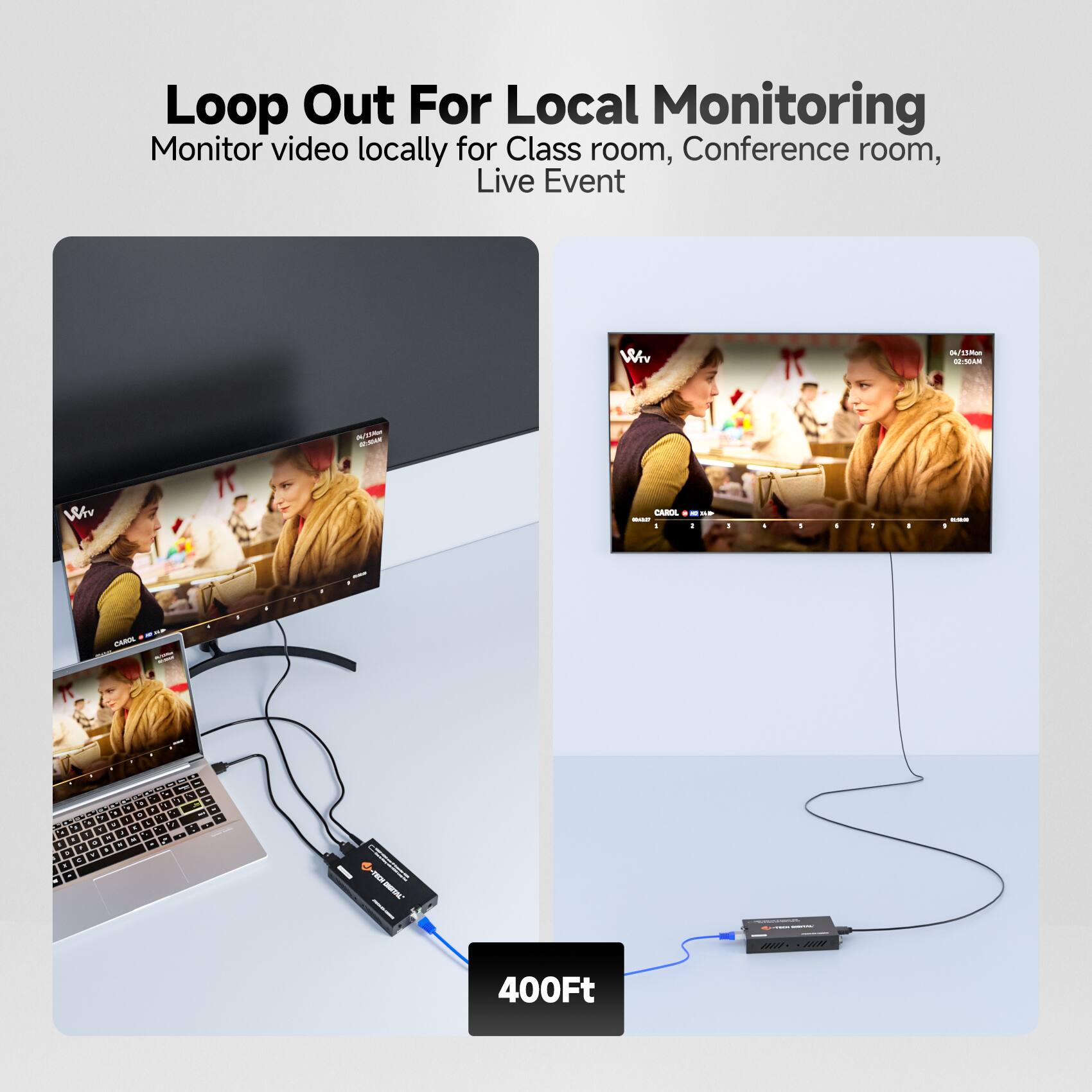 Loop Out For Local Monitoring  
Monitor video locally for Class room, Conference room, Live Event  

400Ft