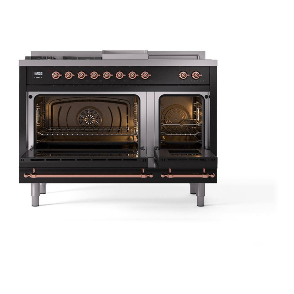 Alt View 4. ILVE - ILVE Nostalgie II 48 inch Dual Fuel Range with 5 Burners + Griddle (Natural Gas, Glossy Black, Copper Trim) - Glossy Black.