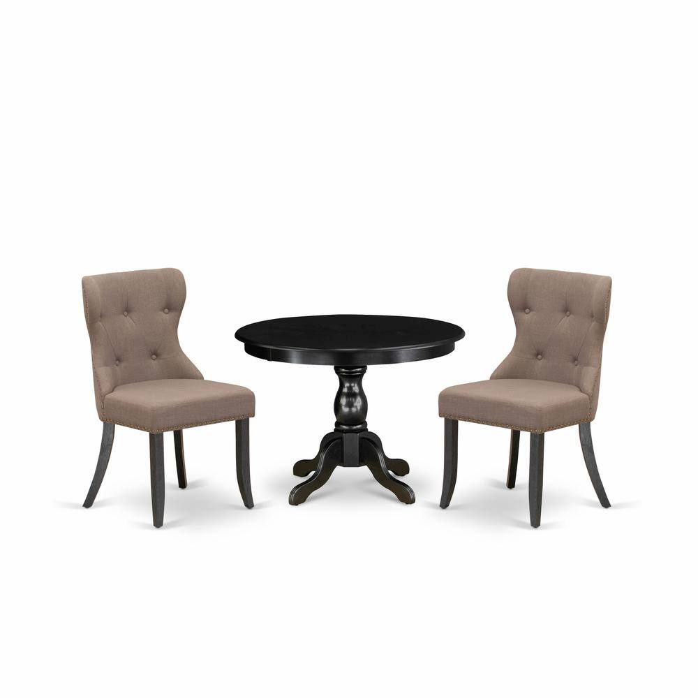 Left. East West Furniture - East West Furniture HBSI3-ABK-48 3 Piece Dining Table Set - Black Wood Dining Table and 2 Coffee Linen Fabric Kitchen - Wire Brush Black.