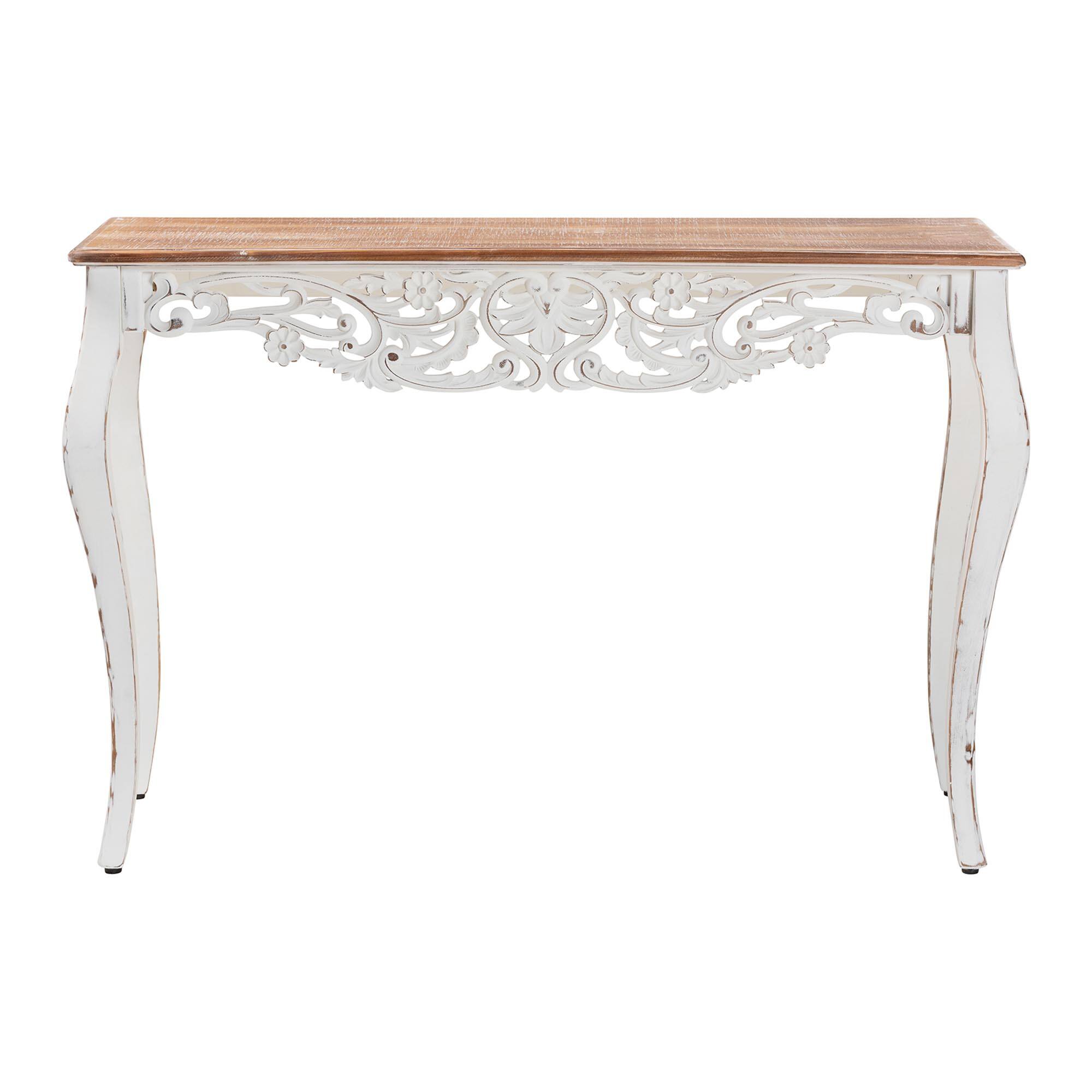 Angle. Baxton Studio - Riquin Distressed Wood Console Table - Carved Wood Accent Table with Floral Motif and Two-Tone Finishing - Natural Brown/White.