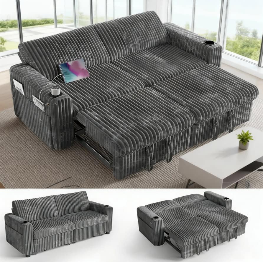 Front. Dyonery - 91" Sectional Sleeper Sofa Bed with Pull Out Bed, Oversized Loveseat Sleeper Sofa with Reclining Backrest - Grey.