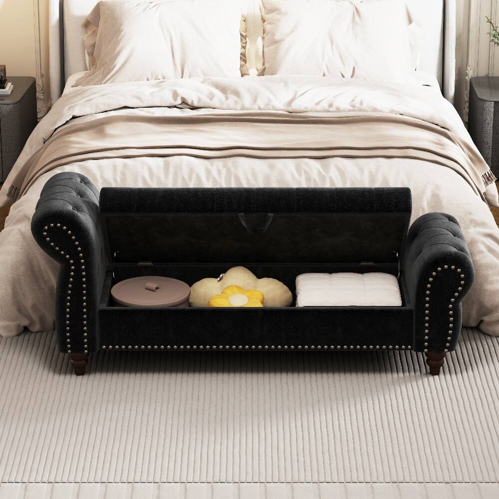 Back. Ropilly - Ropilly Black Velvet Bed Bench with Storage Tufted Chaise Lounge - Black.