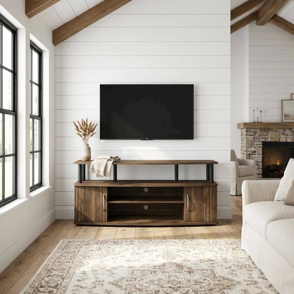 Angle. FurniFact - Large entertainment center in brown walnut and black finish with ample storage - Brown Walnut/Black.