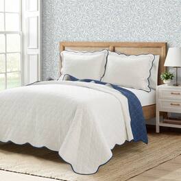 Hivvago - Full/Queen Scalloped Edge Reversible Thin Light Quilt Set - White Navy