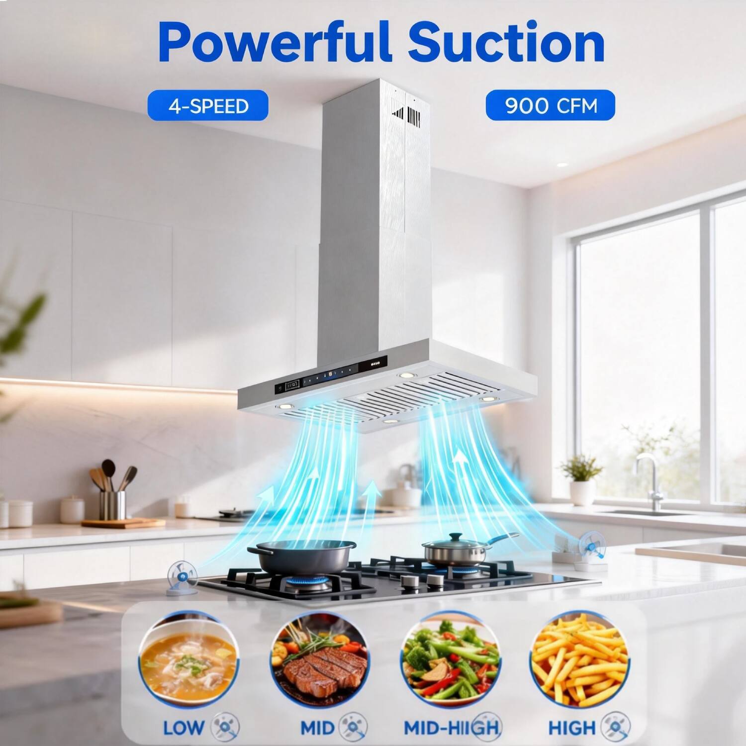 Powerful Suction  
4-SPEED  
900 CFM  

LOW  
MID  
MID-HIGH  
HIGH