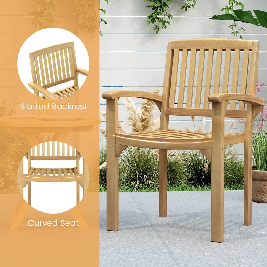 Costway 2 PCS Outdoor Patio Chair Teak Wood Armchair with