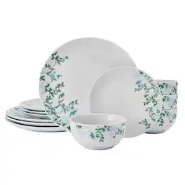 Studio Nova - 12-Piece Porcelain Dinnerware Set Moonlit Leaves Pattern - Gray with Designs