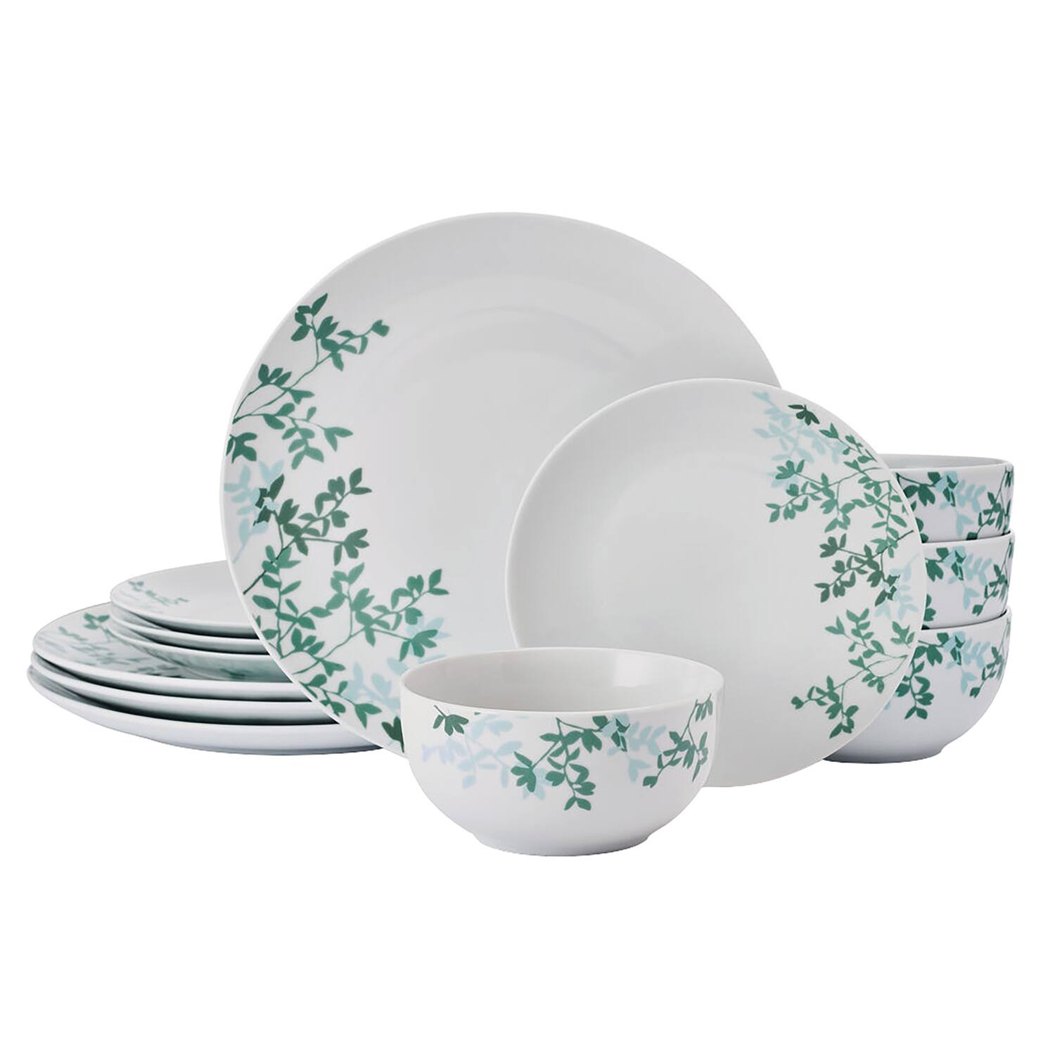 Front. Studio Nova - 12-Piece Porcelain Dinnerware Set Moonlit Leaves Pattern - Gray with Designs.
