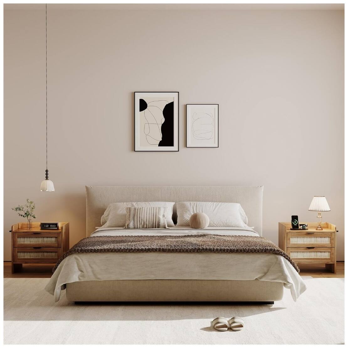 Back. GARVEE - Rattan Nightstand, Bedside Table with Type-C Charging Station - 2 Storage Drawer Space, Walnut Brown 1pcs - Walnut.