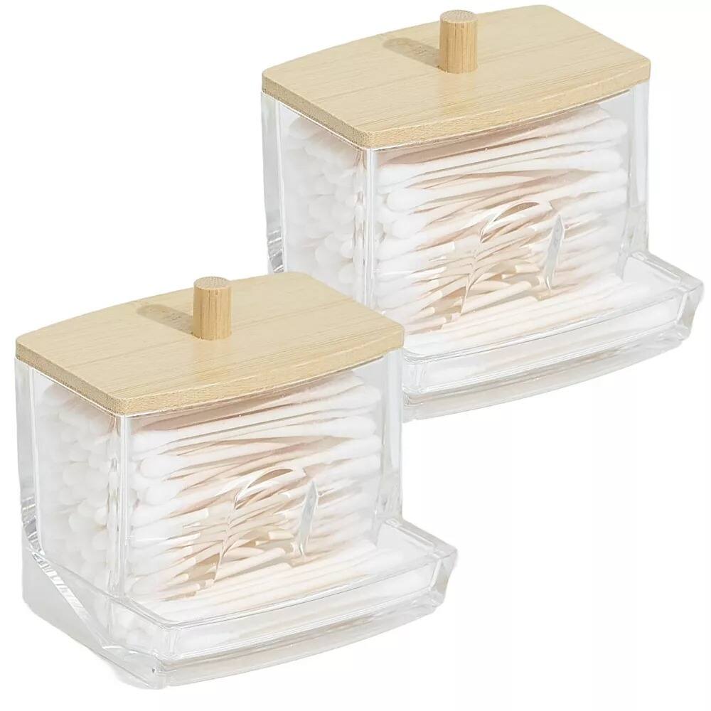 Angle. Elle - Clear Cotton Swab Dispenser with Bamboo Lid, Acrylic Qtips Dispenser, Easy-Access, Swab and Ball Holder - 2Pack - Clear/Natural Bamboo.