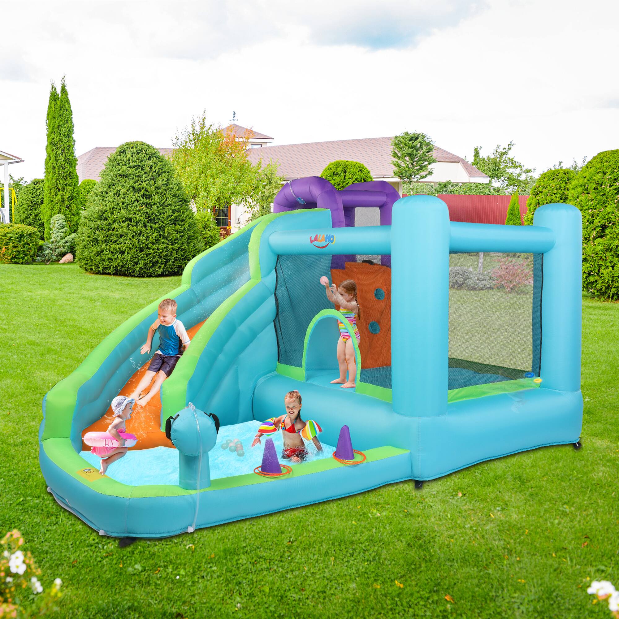 Left. Winado - Jump Bounce House with 350W Air Blower, Inflatable Water Slide for Backyard, Lawn, Outdoor Bouncy Castle W/Pool Area.