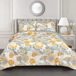 Hivvago - 3 Piece Reversible Yellow Grey Floral Cotton Quilt Set in King Size - Yellow, Grey, Beige, Teal