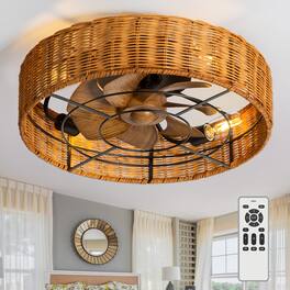Breezary - 19" Indoor Caged Rattan Ceiling Fan with LED Light, 7 ABS Blades, 6-Speed DC Motor, Remote Control with Timer - Matte Black and Brown