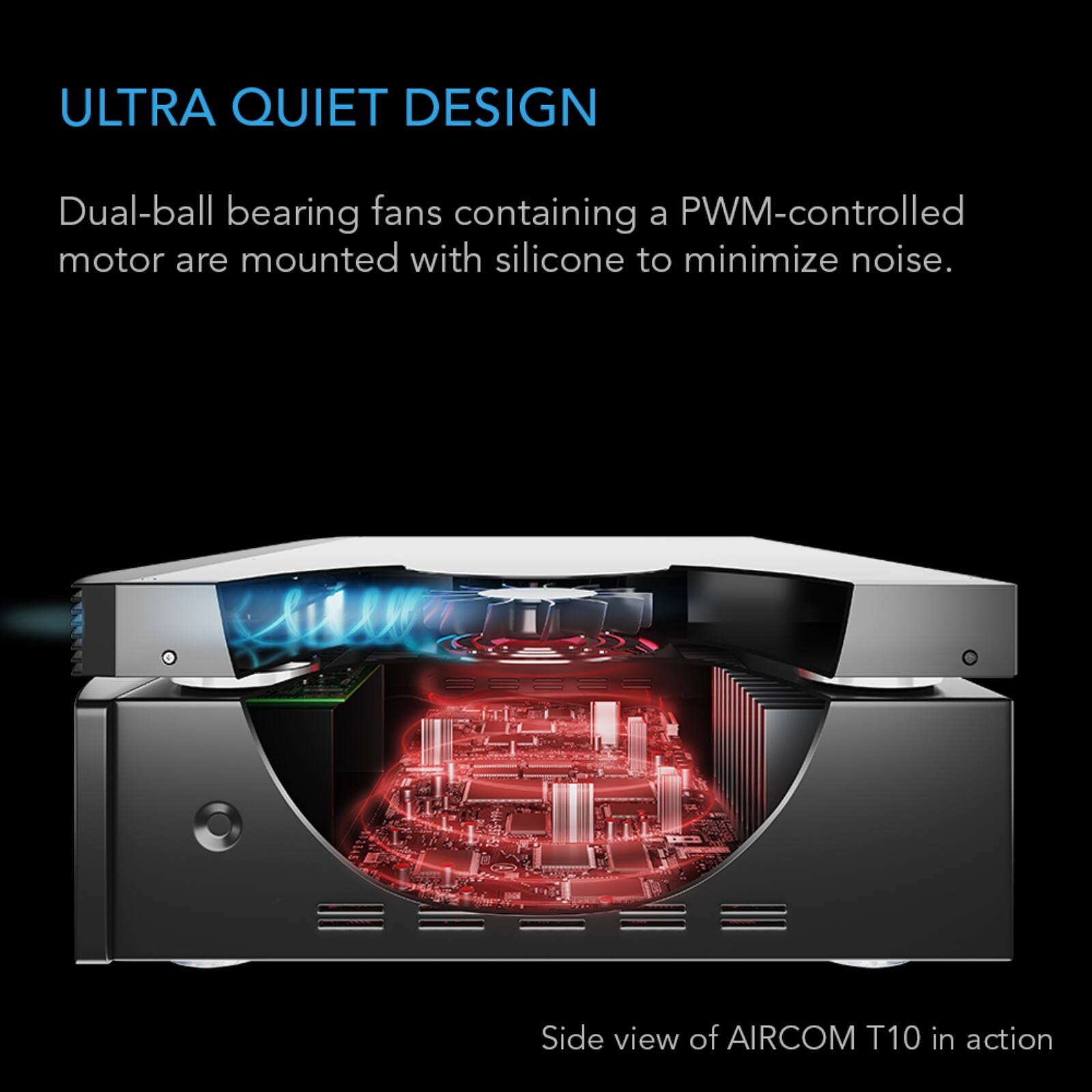 ULTRA QUIET DESIGN

Dual-ball bearing fans containing a PWM-controlled motor are mounted with silicone to minimize noise.

Side view of AIRCOM T10 in action