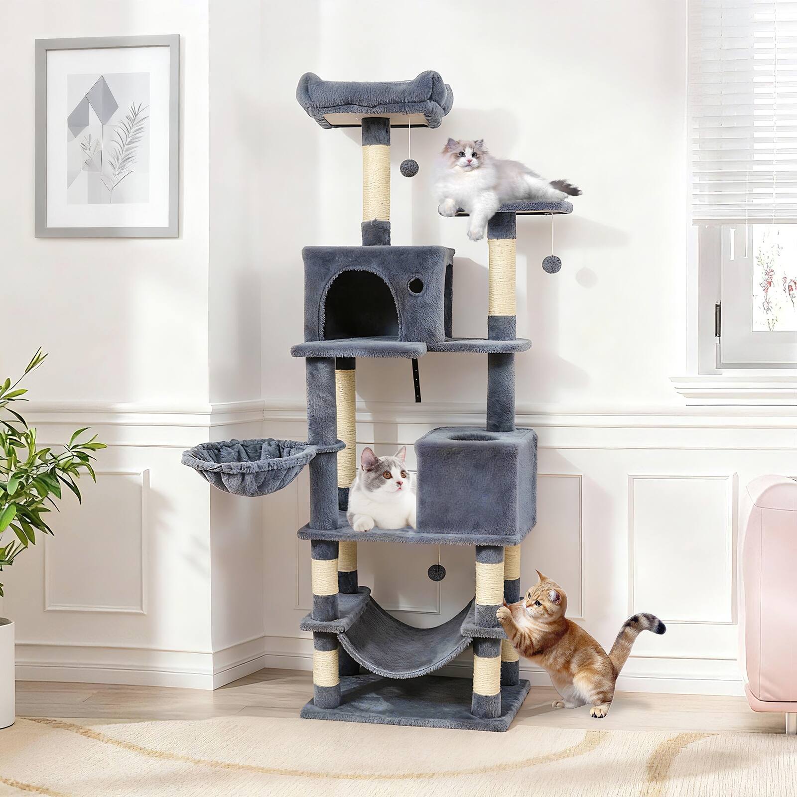 Alt View 3. Gymax - Gymax 66'' Tall Cat Tree w/2 Condos Sisal Scratching Posts Plush Perch Hammock Basket Dark Gray.