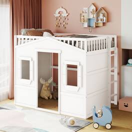 Whisen - Wood Loft Bed with Ladder,Sturdy Elevated Platform Bed Frame for Kids and Teens - White