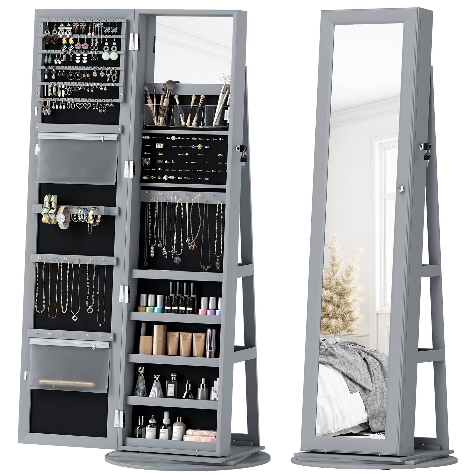 Front. Homcom - Swivel Jewelry Armoire, Lockable Jewelry Cabinet with Full-Length Mirror - Gray.