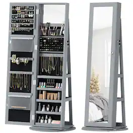 Homcom - Swivel Jewelry Armoire, Lockable Jewelry Cabinet with Full-Length Mirror - Gray