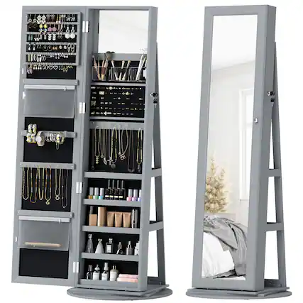 Front. Homcom - Swivel Jewelry Armoire, Lockable Jewelry Cabinet with Full-Length Mirror - Gray.