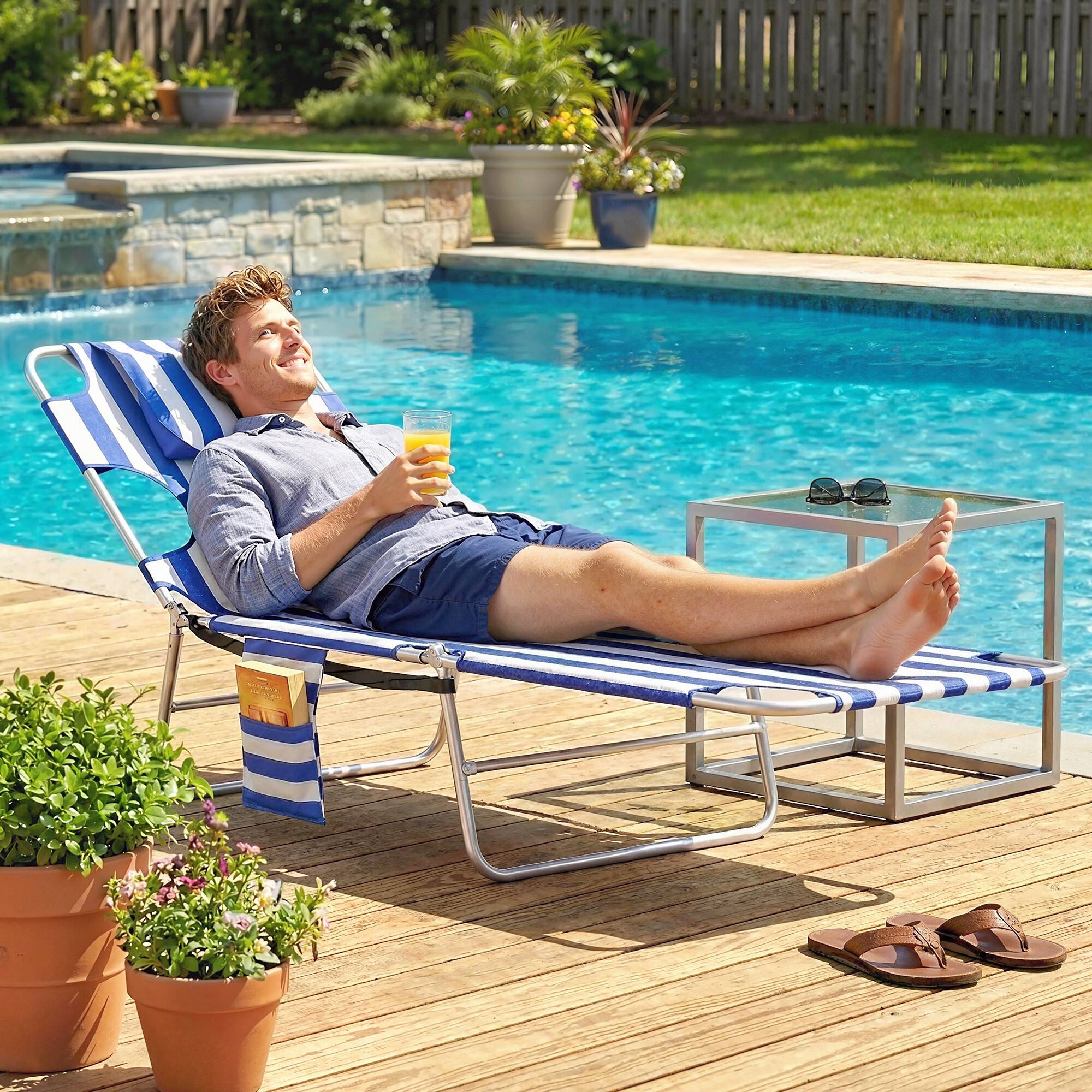 Alt View 7. Outsunny - Chair with Face Hole, 5-Level Adjustable Outdoor Chaise Lounge Chair with Pillow for Beach, Pool - Blue Stripes.