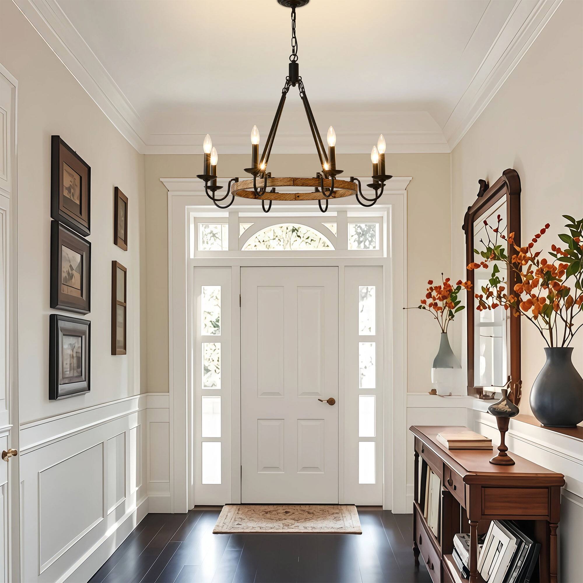 Alt View 1. RYHNUYNE - BAOURE 6-Light Rustic Wagon Wheel Chandelier, Farmhouse Dining Room Light Fixture, Round Wood Chandelier for Living Room - Black.