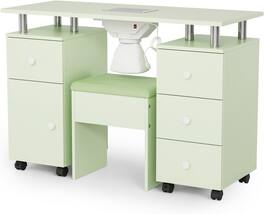 Winado - Nail Desk and Chair Set, Manicure Table with Stool, Dust Collector, Arm Rest, Wheels, Drawers, Cabinet for Makeup Beauty - Mint Green
